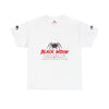 Black Widow Corvette performance t-shirt with vintage racing graphic and size guide table