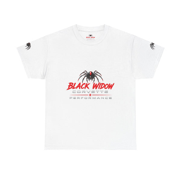 Black Widow Corvette performance t-shirt with vintage racing graphic and size guide table