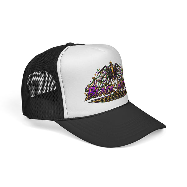 Black Widow Performance Trucker Hat — Retro Skull & Arachnid Mesh Cap