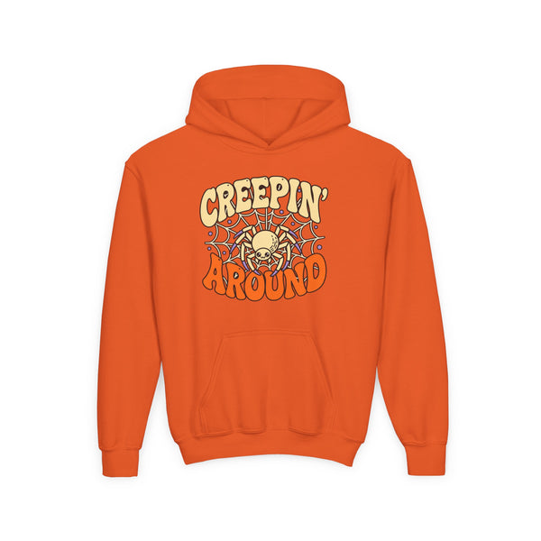 Youth Hoodie – "Creepin' Around" Halloween Spider Skull Design