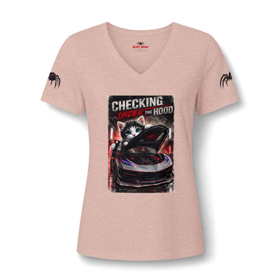 Checking Under The Hood Tee — Women's V-Neck Cat & Sports Car Graphic