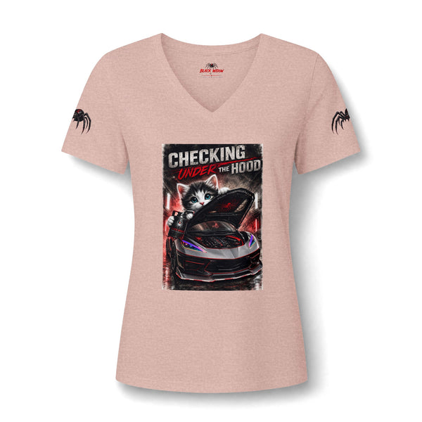 Checking Under The Hood Tee — Women's V-Neck Cat & Sports Car Graphic