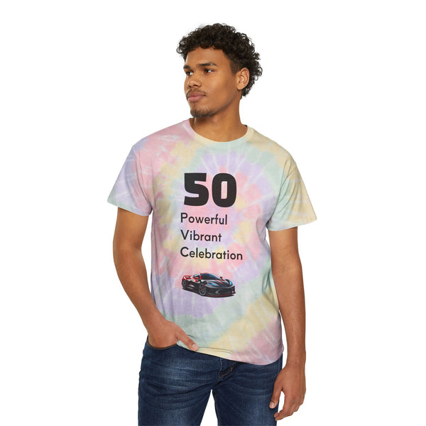 Black Widow Corvette 50th Spiral Tie-Dye Tee with vintage black-centered spiral and breathable cotton fabric