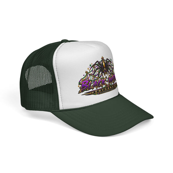 Black Widow Performance Trucker Hat — Retro Skull & Arachnid Mesh Cap
