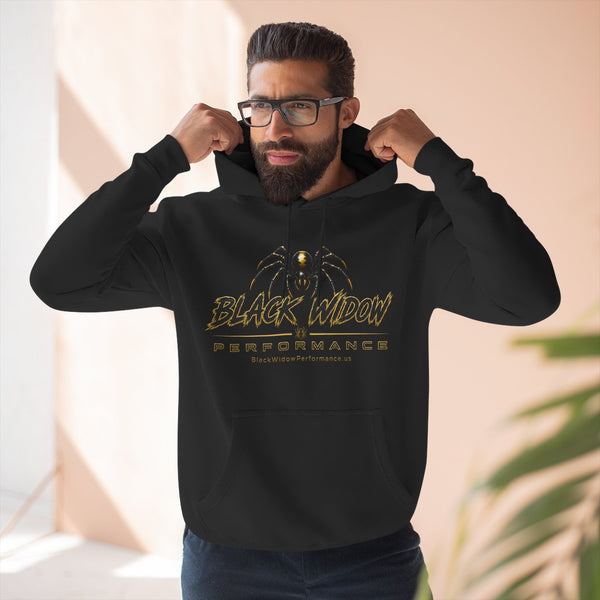 Black Widow Performance Hoodie black fleece pullover with spider logo and adjustable hood