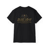 Black heavyweight Who Dat? Black Widow performance tee with racing graphic and back widow emblem