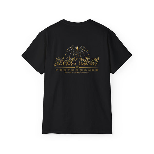 Black heavyweight Who Dat? Black Widow performance tee with racing graphic and back widow emblem