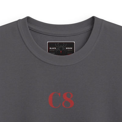 Kids C8 Corvette black widow tee with sports car graphic and ribbed collar for kids