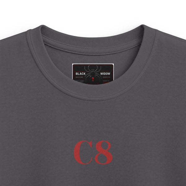 Kids C8 Corvette black widow tee with sports car graphic and ribbed collar for kids