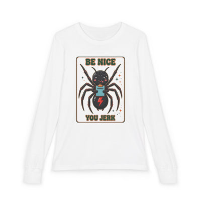 Youth Long Sleeve Tee — 'Be Nice You Jerk' Spider Graphic Front & Black Widow Performance Car Back