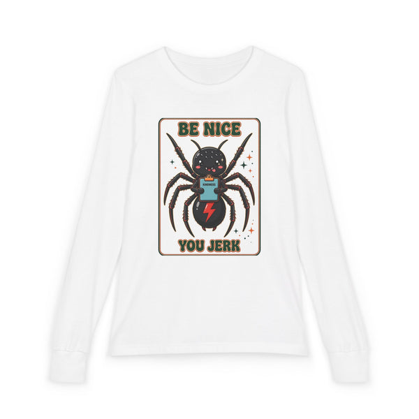 Youth Long Sleeve Tee — 'Be Nice You Jerk' Spider Graphic Front & Black Widow Performance Car Back