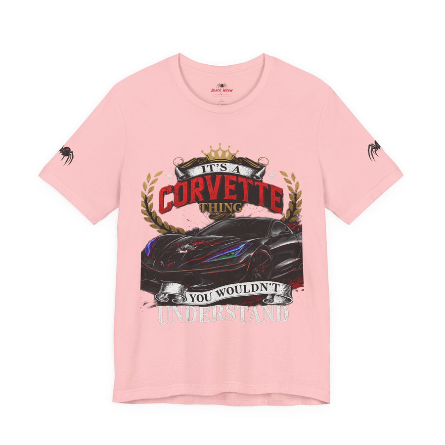 Black Widow Corvette C8 Tee with snarling car graphic and molten orange highlights on lightweight cotton shirt