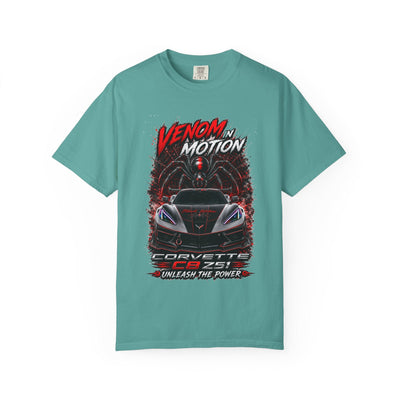 Venom in Motion Corvette C8 T-shirt with black widow graphic and relaxed fit