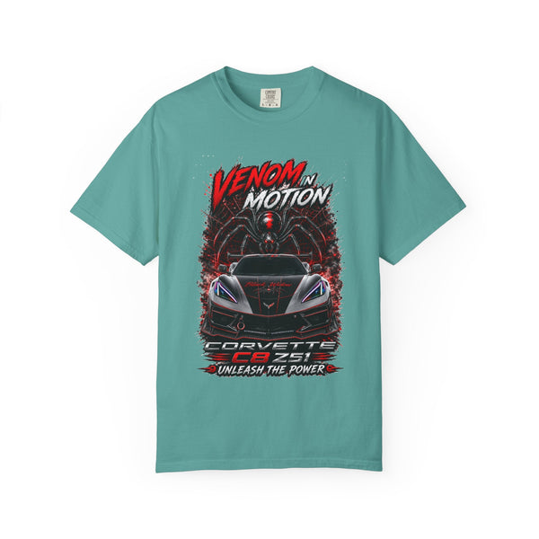 Venom in Motion Corvette C8 T-shirt with black widow graphic and relaxed fit