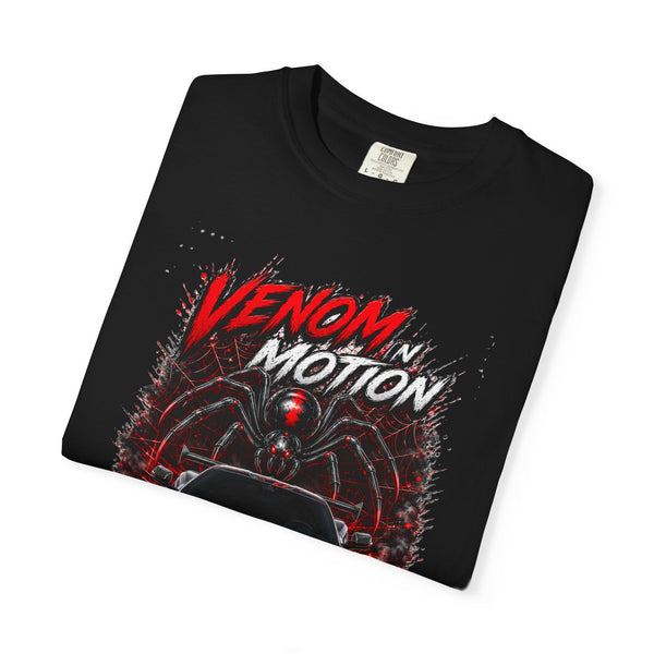 Black heavyweight Venom in Motion Corvette C8 T-shirt with spider and car graphic