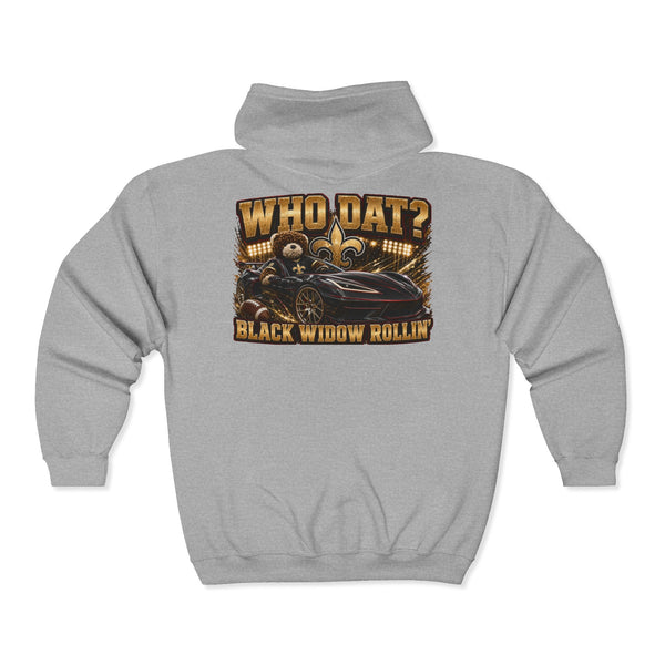 Black Widow full-zip hoodie in Saints colors with bold graphic and adjustable hood