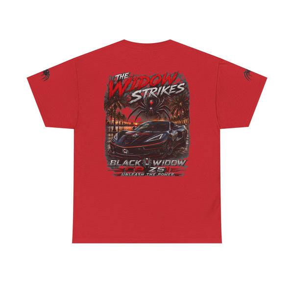 Black Widow Corvette graphic performance tee with vintage muscle car design and detailed rear artwork.