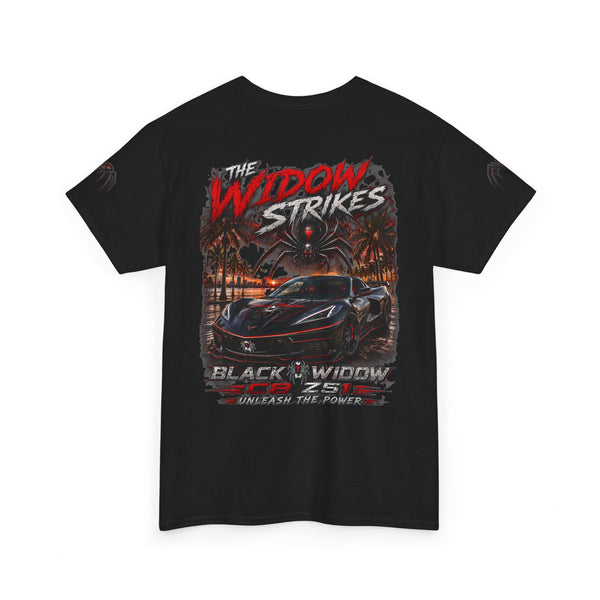 Black Widow Corvette performance tee with vintage graphic and detailed artwork