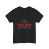 Black Widow Corvette performance graphic t-shirt with vintage muscle car design and detailed size guide table