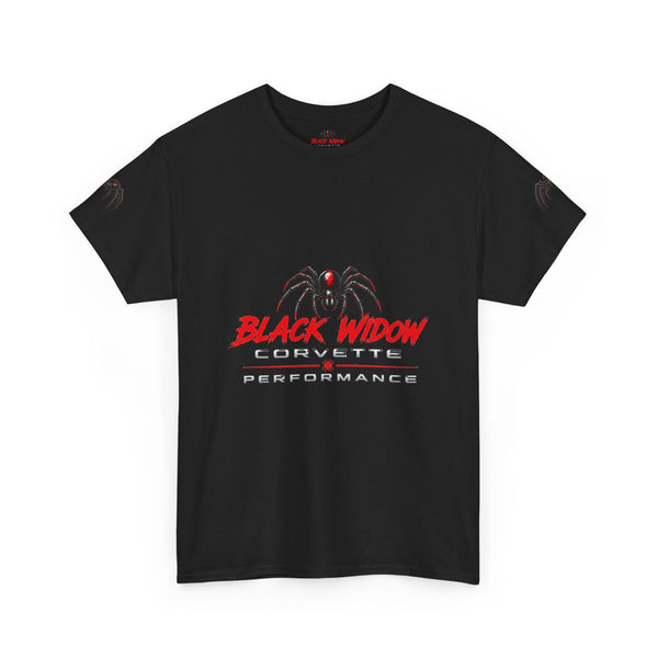 Black Widow Corvette performance graphic t-shirt with vintage muscle car design and detailed size guide table