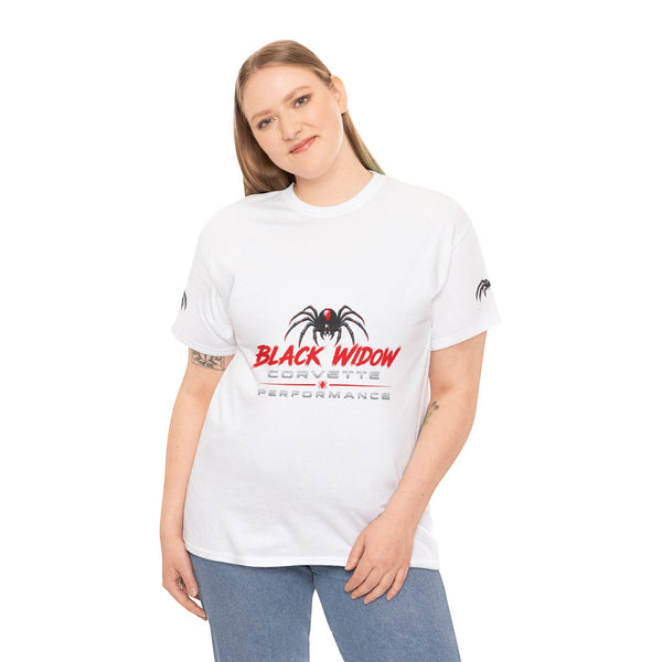 Black Widow Corvette graphic tee with vintage muscle car design and size guide table