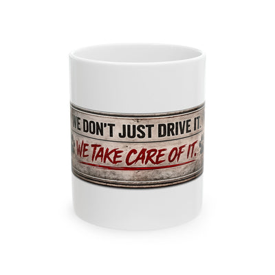 White ceramic mug with colorful custom design, 11oz and 15oz sizes, dishwasher and microwave safe