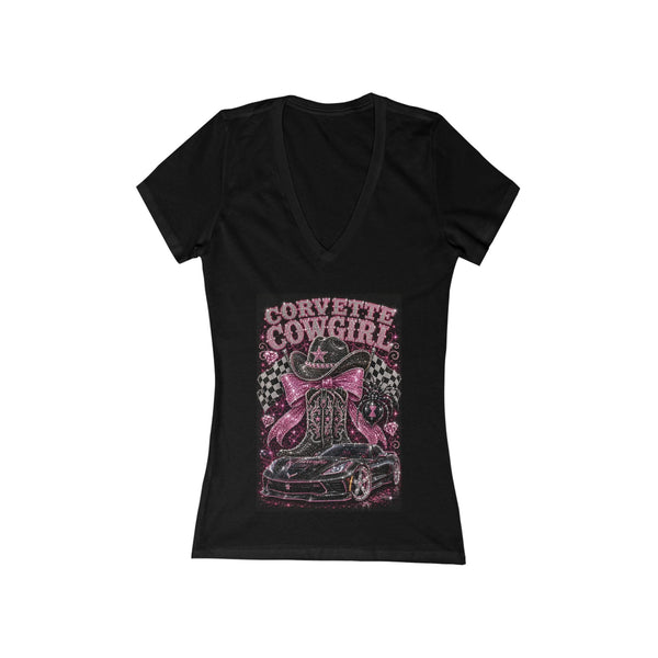 Women's slim-fit pink Corvette Cowgirl V-neck tee with retro car and bow graphic
