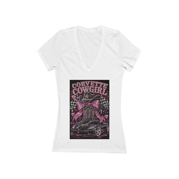 Women's slim-fit Corvette Cowgirl V-Neck Tee with retro pink car and star-speckled graphic