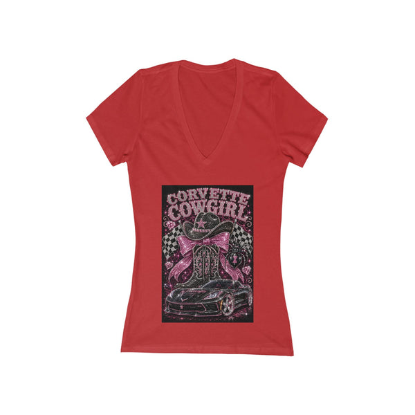 Women’s slim-fit retro pink Corvette Cowgirl V-neck tee with distressed car and bow graphic