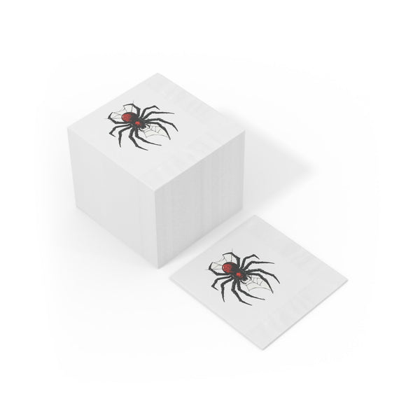 Black Widow Spider cocktail napkin with red abdomen and embossed edges for Halloween parties