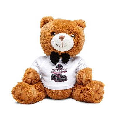 Teddy bear with t-shirt, black bow, soft synthetic fur, 7x10 inches, customizable design