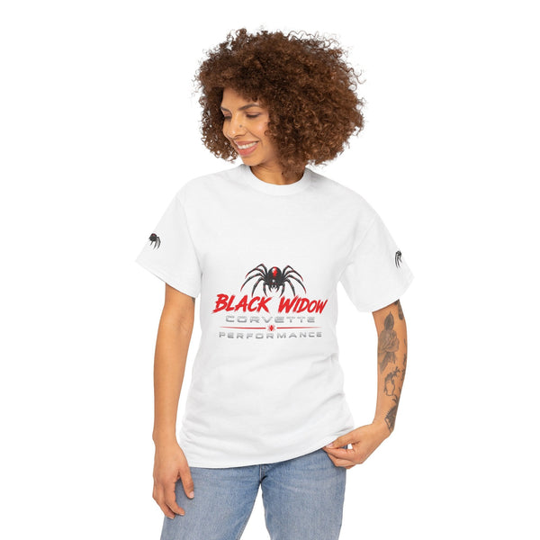 Black Widow Corvette performance tee with vintage graphic and cinematic race scene on back