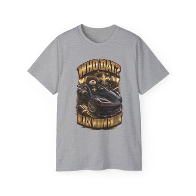 Who Dat? Black Widow heavyweight racing graphic tee with vintage feel and black widow emblem