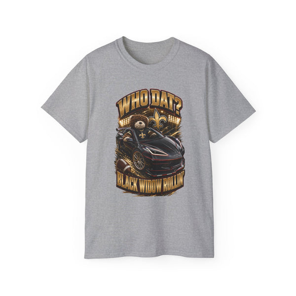 Who Dat? Black Widow heavyweight racing graphic tee with vintage feel and black widow emblem