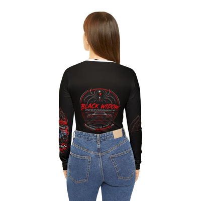 Black Widow long-sleeve V-neck shirt with racing car graphic and custom black widow emblem