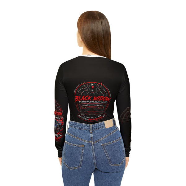 Black Widow long-sleeve V-neck shirt with racing car graphic and custom black widow emblem
