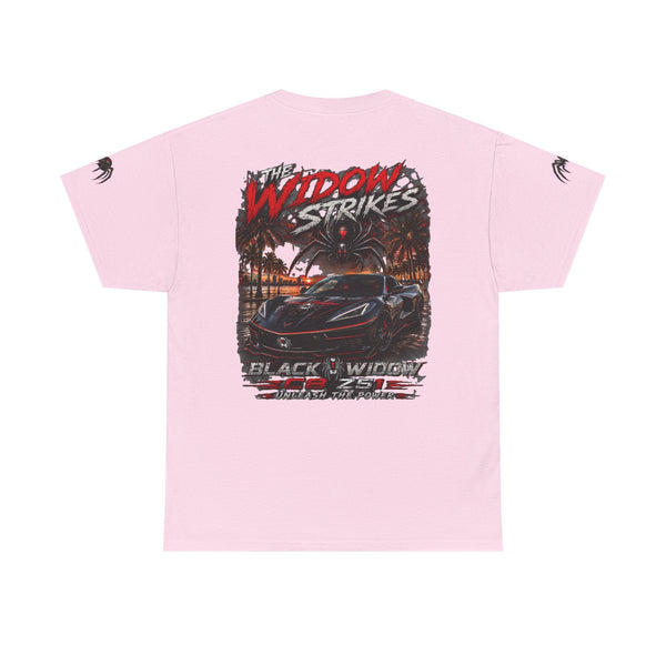 Black Widow Corvette performance tee with vintage car graphic and moonlit forest background