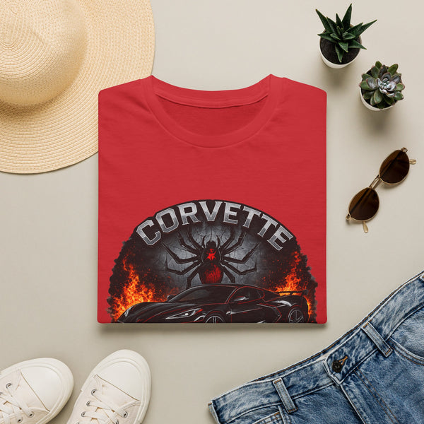 Corvette Black Widow Tee — Muscle Car Graphic T‑Shirt with Spider & Flames
