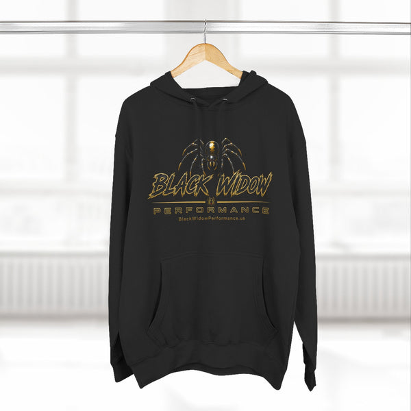 Black Widow Performance Hoodie black fleece pullover with hood and kangaroo pocket featuring spider logo and bold Game Day racing graphics