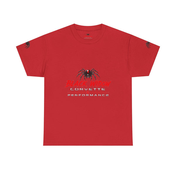 Black Widow Corvette performance t-shirt with vintage muscle car graphic and size guide table