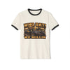Black Who Dat We Rollin' Ringer Tee with stadium lights and fleur-de-lis graphic, vintage collar and sleeve trim
