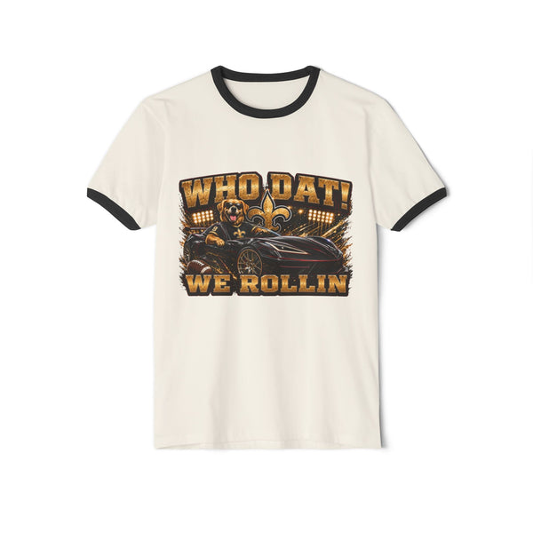 Black Who Dat We Rollin' Ringer Tee with stadium lights and fleur-de-lis graphic, vintage collar and sleeve trim