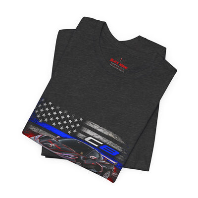 Black Veteran Corvette C8 Tee with Black Widow Performance graphic on black Bella+Canvas 3001 shirt
