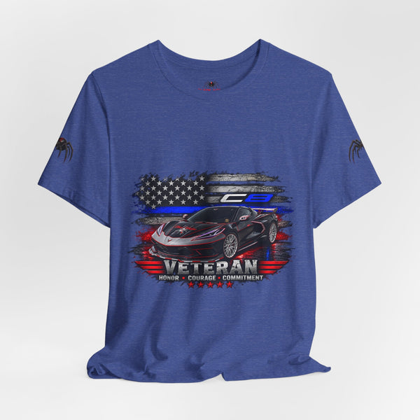 Black Veteran Corvette C8 Tee with Black Widow Performance graphic on black cotton shirt