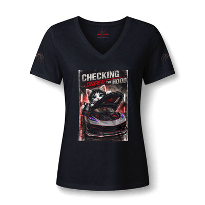 Checking Under The Hood Tee — Women's V-Neck Cat & Sports Car Graphic