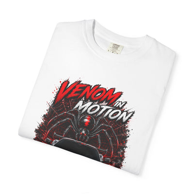 Black heavyweight Venom in Motion Corvette C8 T-shirt with spider and car graphic, relaxed fit, durable cotton