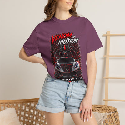 Venom in Motion Corvette C8 T-shirt with black widow spider and car graphic, heavyweight cotton tee