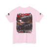 Black Widow Corvette performance tee with vintage car graphic and detailed size chart
