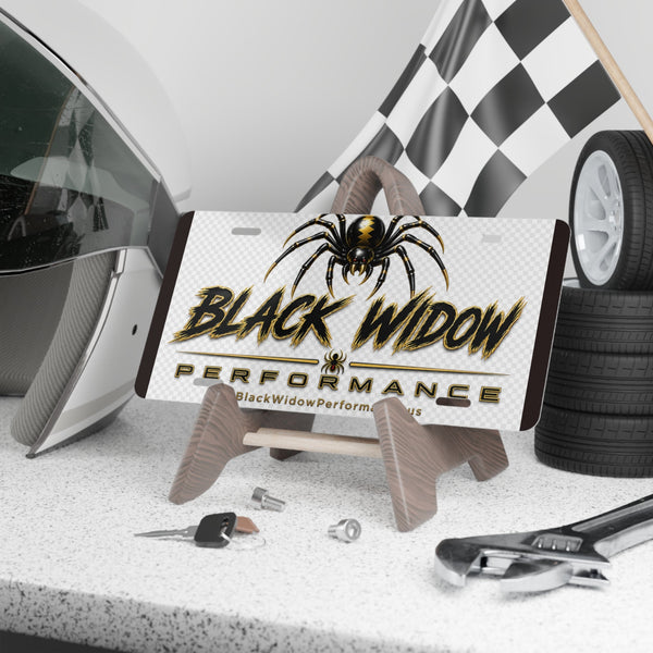 Black Widow Performance Vanity Plate metallic license plate with spider logo and brushed silver backing