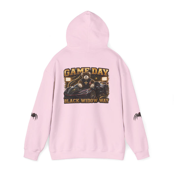 Black Widow Performance Hoodie with racing graphic and spider accents, 50/50 cotton-poly blend, fleece-lined, kangaroo pocket, and double-lined hood.